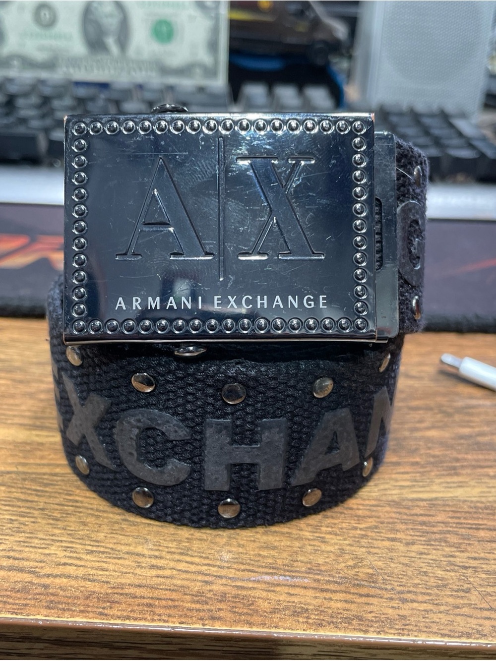 Armani Exchange AX Men’s SZ L Black Silver Canvas Webbing Belt Studded Logo